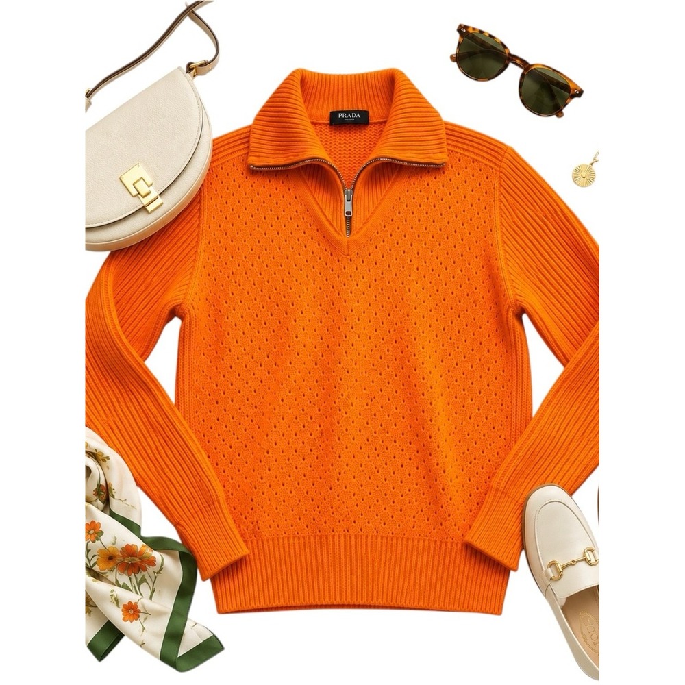Prada Milano Orange Cotton Half Zip Sweater Italy Women's 48 Textured Designer